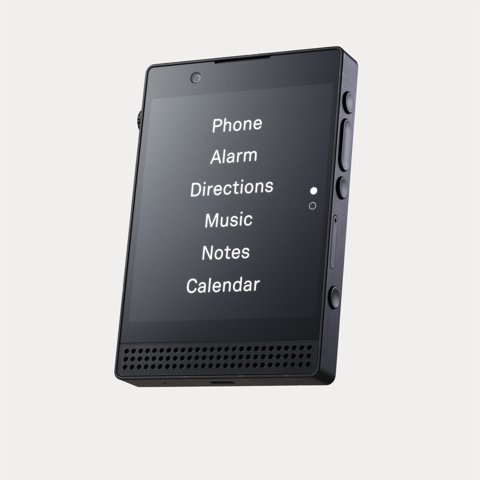 Light Phone 3 black minimalist mobile phone displaying simple menu with phone, alarm, directions, music, notes and calendar.