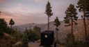 Minimalist black cabin overlooking forested mountains at sunset, surrounded by tall pine trees